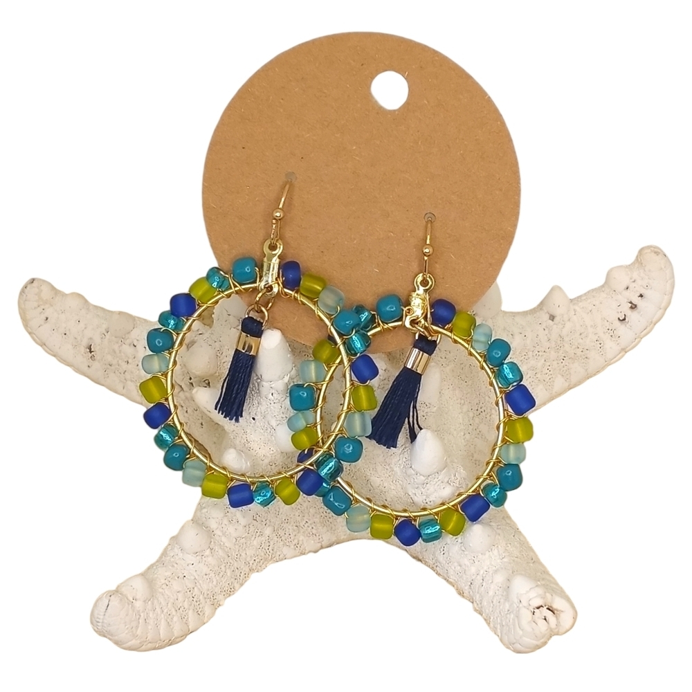 Beachnseas, Glass Beaded Hoop Earrings, Tassel, Blue, Green, Dangling Handmade